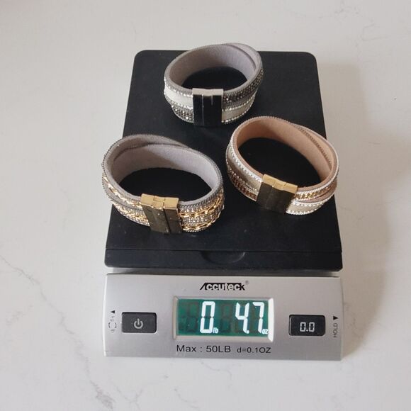 3 pc faux Leather Wrap Multilayer Bracelets Rhinestone Magnetic Closure Boho - Picture 10 of 10